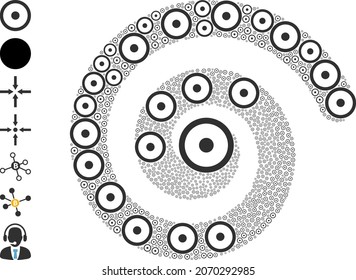 Kreiszentrum Symbol Spiralkreislaufmosaik. Die Symbole des Zentrums werden zu einer Twist-Vektorgrafik. Der Objektzyklus wird aus verstreuten Zentriersymbolen entwickelt.