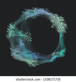 Sphere cluster of communication links. Social media graph background. Connected network of users. Creative data visualization background.