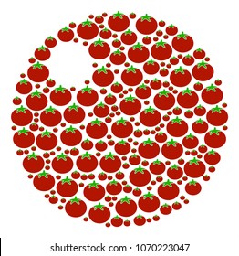 Sphere collage of tomatoes in variable sizes. Vector tomato vegetable symbols are combined into sphere composition. Vegan vector design concept.