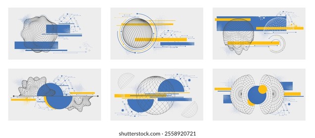 Sphere compositions. Modern 3D globe banner designs with geometric wireframes, dynamic lines and spherical shapes. Innovative abstract futuristic data visualization backgrounds vector set.