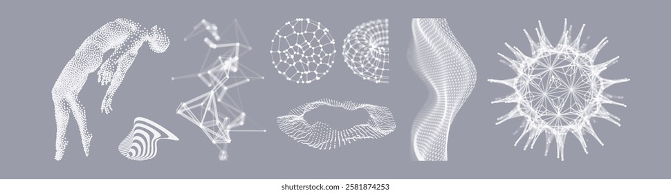 Sphere with connected lines and dots. Abstract wavy grid style structure. Astral travel out of body or reincarnation spiritual concept. Take me higher. Hovering in the air. Levitation act. 3d vector.