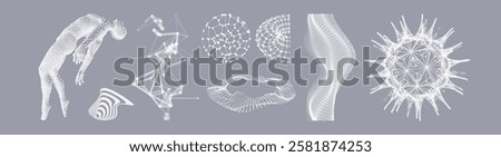 Sphere with connected lines and dots. Abstract wavy grid style structure. Astral travel out of body or reincarnation spiritual concept. Take me higher. Hovering in the air. Levitation act. 3d vector.