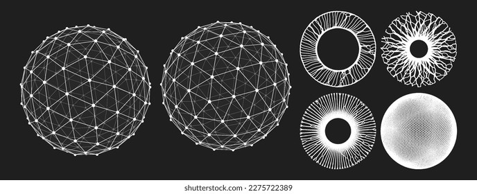 Esfera con líneas y puntos conectados. Matriz con pequeñas partículas dinámicas en círculo. Conexiones digitales globales. Diseño abstracto de cuadrícula. Elemento científico y tecnológico. Ilustración vectorial 3d.