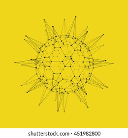 Esfera con líneas y puntos conectados. Cuadrícula brillante. Estructura de conexión. Ilustración del vector del bastidor de cables.