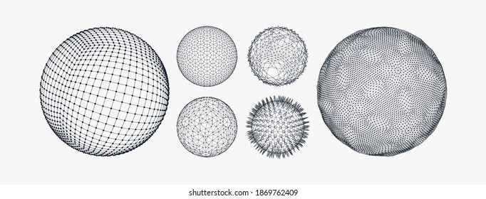 Sphere with connected lines and dots. Wireframe illustration. Abstract 3d grid design. Technology style.