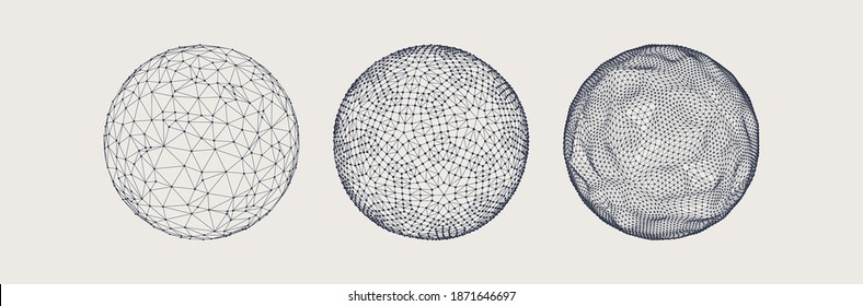 Sphere with connected lines and dots. Wireframe illustration. Abstract 3d grid design. Technology style.