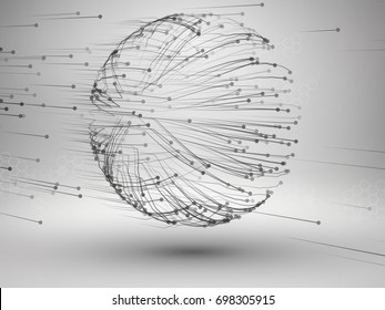 Sphere with connected lines and dots. Wireframe mesh motion element. Connection concept. Technology background. Vector illustration.