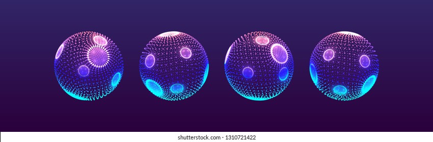 The sphere consisting of points. Global digital connections. Technology concept. Array with dynamic particles. 3D grid design. Vector illustration for science and technology.