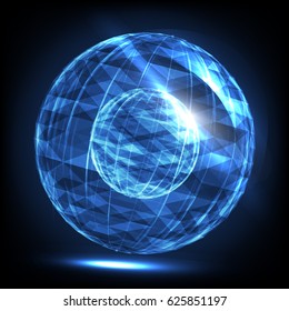 The Sphere Consisting of Triangles and lines. Global Digital Connection. Abstract Globe Grid. Wireframe Illustration. 3D Grid Design. A Glowing Grid. 3D Technology Style. Networks - Globe Design.
