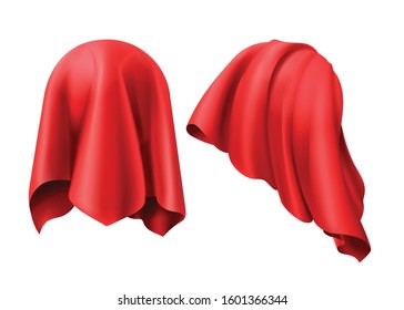 Sphere covered with red cloth. Vector template of ball hidden under silk veil or curtain and unveiling for presentation, surprise, gift isolated on white background