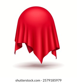 Sphere covered with red silk cloth realistic vector illustration. Tablecloth drapery folds flowing down hiding ball 3d object on white background