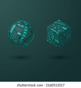 Sphere and cube blocks for blockchain background with electrician circuit shapes