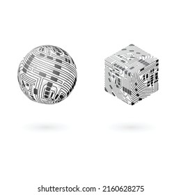Sphere and cube blocks for blockchain background with electrician circuit shapes