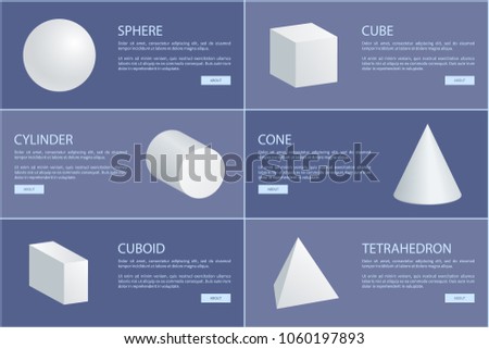 Sphere cube cylinder cone cuboid tetrahedron 3D geometric shapes vector illustration white geometry figures with text sample web online posters set