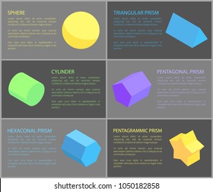 Sphere and cylinder, geometric objects banner, vector illustration, six geometric figures pentagrammic and pentagonal, triangular and hexagonal prisms