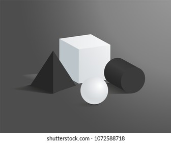 Sphere and cylinder vector black cube figure collection, square pyramid, different shape figures illustration circle and white prisms set