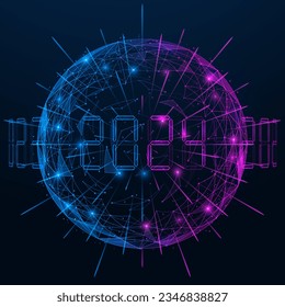  Sphere with the date 2024 in orbit. Festive fireworks. Polygonal design of interconnected elements.