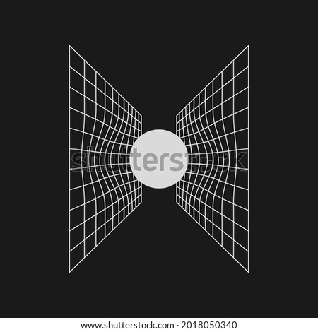 The sphere distorts space. Retrofuturistic design element. Gravity concept. Distorted perspective grids with the sphere in cyberpunk 80s style. Design element for poster, cover. Vector illustration.