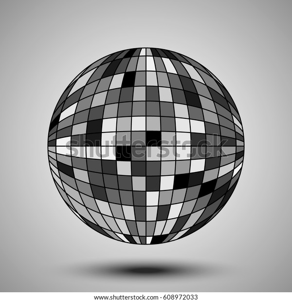 Sphere divided into squares of different colors.\
Abstract techno background with gray background and shadow.\
Universal design\
element.