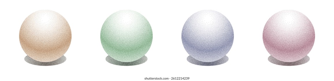 Sphere dot grain collection - colorful balls created with stippled pointillism technique. Soft pastel orbs with gradient shading and shadows beneath. 3d objects with tiny scattered points surfaces.