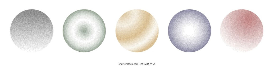 Sphere dot grain illustrations. Stipple shaded round forms. Minimalist circle dot grain design textures. Circular shapes created through pointillism technique. Retro ball decorative design elements.