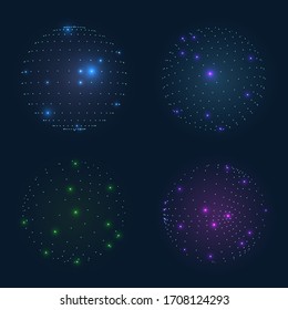 Sphere of dots or particles isolated on black color. Technology abstract art background. Collection of minimalistic geometric design sci-fi elements. Vector futuristic digital concept.