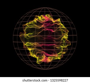 Sphere from dynamic particles wave from nodes. 3d sea flowing over dark. Array of colorful lights. Vector abstract globe grid background. Beautiful stream shapes by glowing dots.
