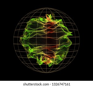 Sphere from dynamic particles wave from nodes. 3d sea flowing over dark. Array of colorful lights. Vector abstract globe grid background. Beautiful stream shapes by glowing dots.