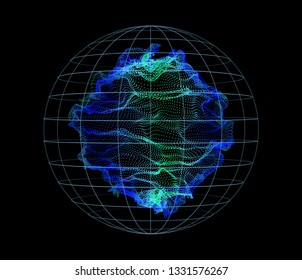 Sphere from dynamic particles wave from nodes. 3d sea flowing over dark. Array of colorful lights. Vector abstract globe grid background. Beautiful stream shapes by glowing dots.
