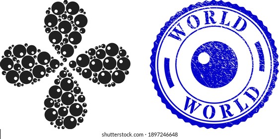 Sphere explosion spin, and blue round WORLD rubber watermark with icon inside. Element flower with 4 petals composed from oriented sphere items. Vector flower collage in flat style.