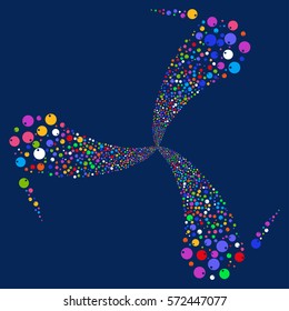 Sphere fireworks swirl rotation. Vector illustration style is flat bright multicolored iconic symbols on a blue background. Object twirl made from random symbols.