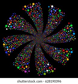 Sphere fireworks swirl rotation. Vector illustration style is flat bright multicolored iconic symbols on a black background. Object whirlpool constructed from random pictograms.