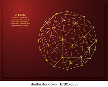 Sphere golden abstract illustration on dark red background. Geometric shape polygonal template made from lines and dots.