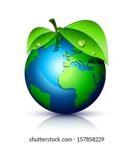 sphere with green world map accompanied by leaves and reflection