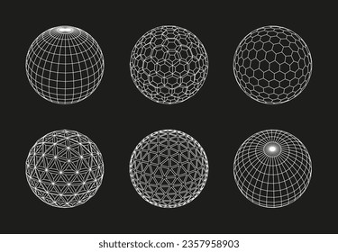 Sphere grid. 3D wireframe spheres, line globe outline mesh. Digital ball with polygons geometric patterns tech abstract minimalist concept. Vector isolated set. Basic structure models