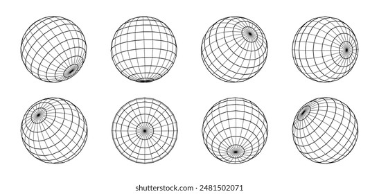 Sphere grid vector illustration collection. Round polygonal surface spheres set.