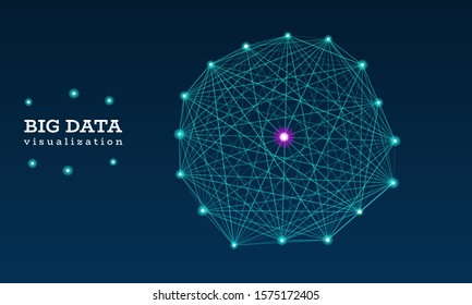 Sphere grid wave. Big data innovation technology. Blockchain network analysis. Ai tech futuristic wireframe. Artificial intelligence. Vector illustration on dark blue background