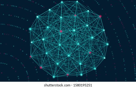 Sphere grid wave. Big data innovation technology. Blockchain network analysis. Ai tech futuristic wireframe. Artificial intelligence. Vector illustration on dark blue background
