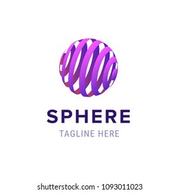 Sphere headline with tagline presented on poster purple geometric figure of rounded shape in centerpiece made up of spiral lines. Isolated on white background vector illustration