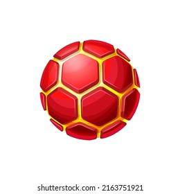 Sphere of hexagon shapes with magma inside, ui game design element, cartoon planet, alien world. Vector globe circle outer space fantasy object, red fiery globe with yellow plasma inside