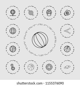 Sphere icon. collection of 13 sphere outline icons such as basketball, pin on globe, globe, baseball glove, volleyball, beach ball. editable sphere icons for web and mobile.