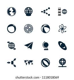 Sphere icon. collection of 16 sphere filled icons such as beach ball, planet, user globe, paper plane, globe, atom move, world map. editable sphere icons for web and mobile.