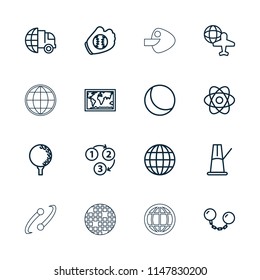 Sphere icon. collection of 16 sphere outline icons such as international delivery, world map, atom, globe and plane, globe, 1 2 3. editable sphere icons for web and mobile.