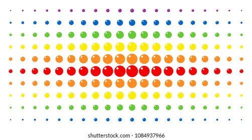 Sphere icon rainbow colored halftone pattern. Vector sphere items are organized into halftone matrix with vertical spectrum gradient. Designed for backgrounds, covers,