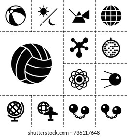 Sphere icon. set of 13 filled sphere icons such as beach ball, globe and plane, disco ball, volleyball, globe, atom, sun and moon, ball chain, core