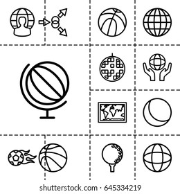 Sphere icon. set of 13 outline sphereicons such as holding globe, disco ball, user globe, globe, football ball, golf ball, basketball, world map, sphere