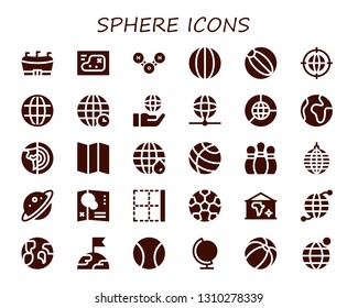 sphere icon set. 30 filled sphere icons.  Collection Of - Football, Map, Molecule, Volleyball, Beach ball, Earth grid, World, Globe, Earth, Planet earth, globe, Bowling pins