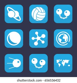 Sphere icon. set of 9 filled sphere icons such as volleyball, ball chain, planet and satellite, atom, core, planet, sphere