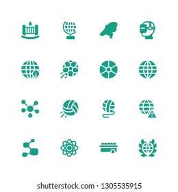 sphere icon set. Collection of 16 filled sphere icons included Global, Ball, Atom, Molecule, Worldwide, Volleyball, Football, Earth grid, Virtual reality, Map, Globe, Cradle