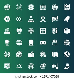 sphere icon set. Collection of 36 filled sphere icons included Worldwide, Global, Molecules, Football, World, Map, Saturn, Globe, Virtual reality, Crystal ball, Earth grid, Border